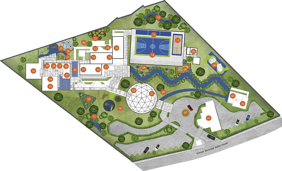 Mapa ilustrado do campus da Sphere Granja Viana, com prédios, quadras, geodésica, bosques e áreas externas numerados; a lista ao lado indica o número de cada espaço.